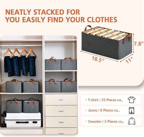 DAREV 4 Pcs Wardrobe Organizer for Clothes with Metal Frame Rectangle Storage Baskets for Clothing Fabric Storage Box with Handles Shelf Basket for Storage Clothes Pants Jeans Sweater (Grey) - Image 5