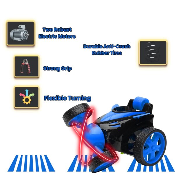 Gooyo DB2060 Rechargeable 360° Rotating & Rolling Small Stunt Car Toy with USB Cable & Remote Controller | Blue Color, Power Source: Lithium Battery in Car (Included) - Image 2