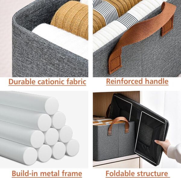 DAREV 4 Pcs Wardrobe Organizer for Clothes with Metal Frame Rectangle Storage Baskets for Clothing Fabric Storage Box with Handles Shelf Basket for Storage Clothes Pants Jeans Sweater (Grey) - Image 4