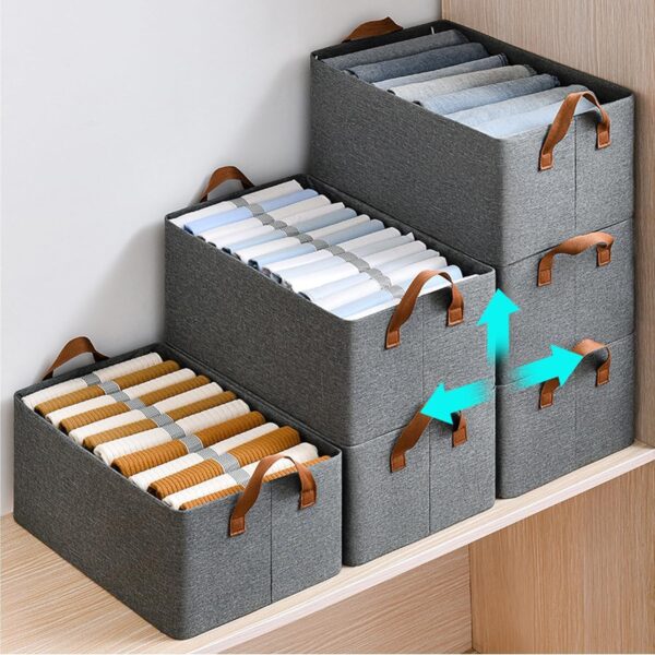 DAREV 4 Pcs Wardrobe Organizer for Clothes with Metal Frame Rectangle Storage Baskets for Clothing Fabric Storage Box with Handles Shelf Basket for Storage Clothes Pants Jeans Sweater (Grey) - Image 2